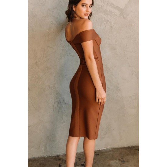 Alieva Discount - Jade Off-Shoulder Bandage Dress (Tawny Brown)