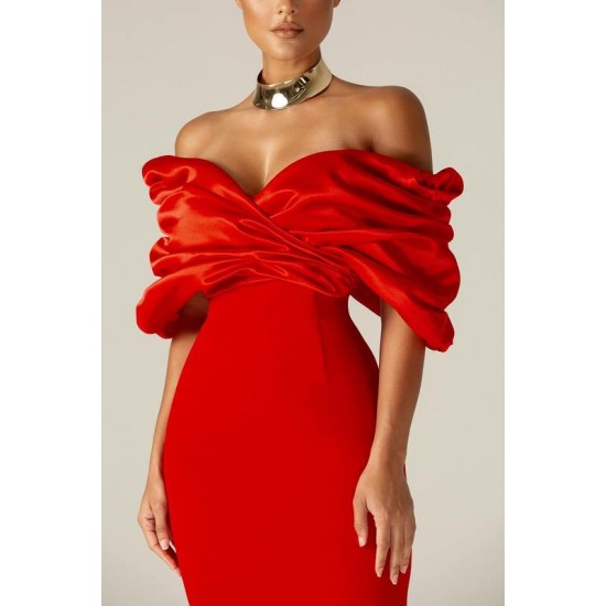 Alieva Discount - Maribel Crepe Ruffle Shoulder Dress (Red)
